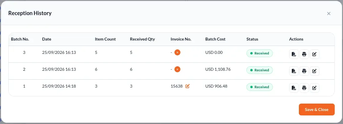 Channel Bay's Reception History for a purchase order, listing each received batch with its date, received quantity, supplier invoice number and batch cost, with a button to add a missing invoice number