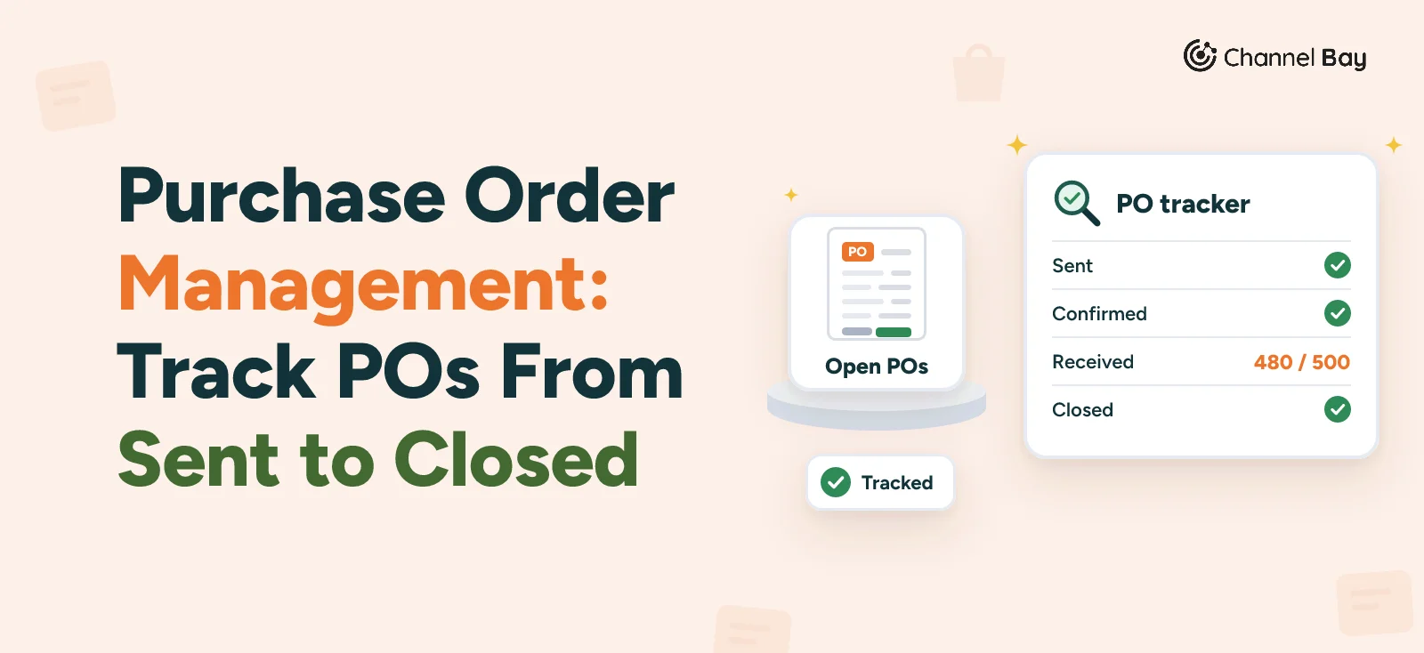 Purchase order management: a purchase order tile on a silver pedestal beside a PO tracker card that shows sent, confirmed and closed ticked and received at 480 of 500