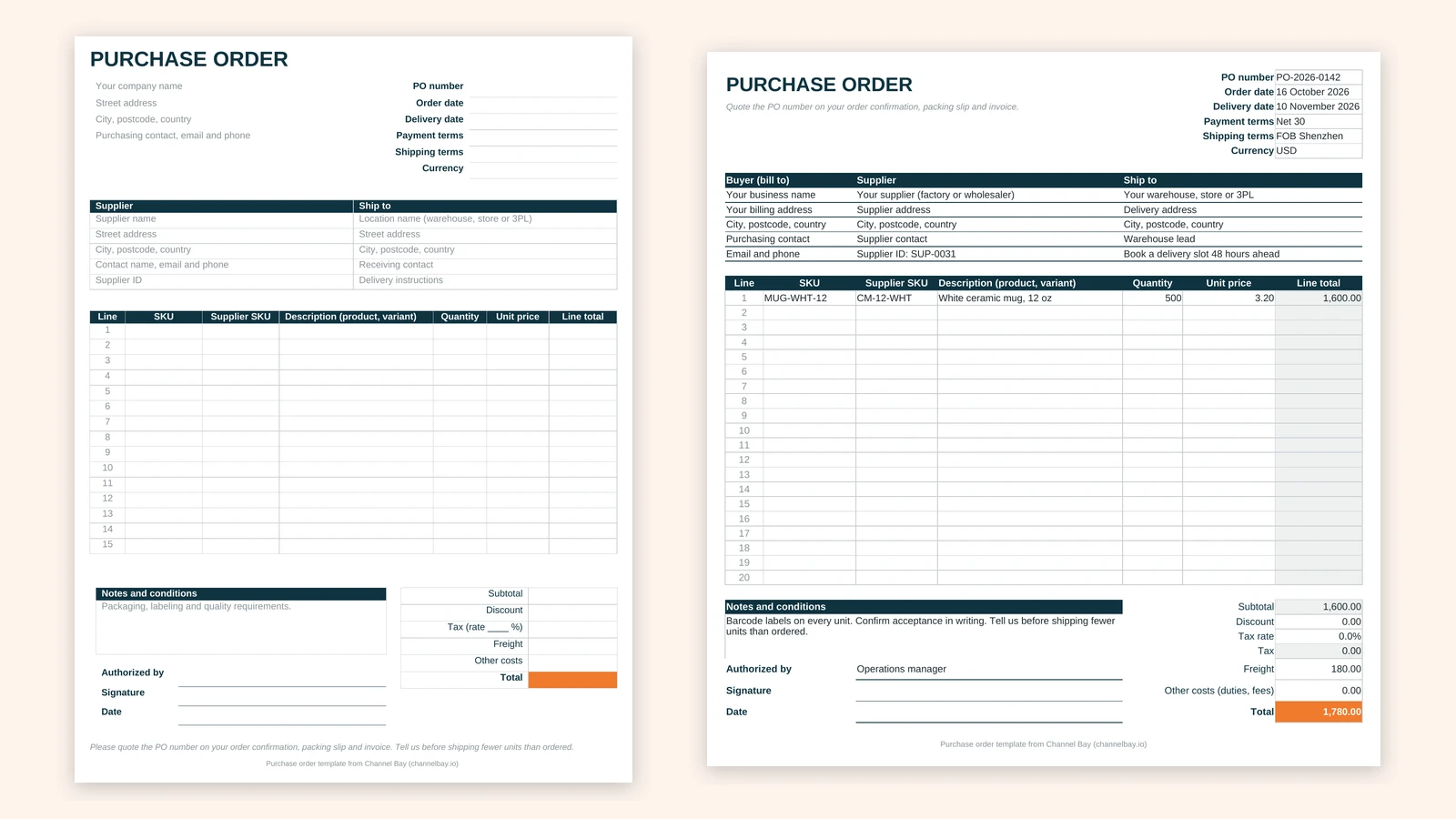 The blank purchase order form next to the Excel template filled in with PO-2026-0142, totalling $1,780