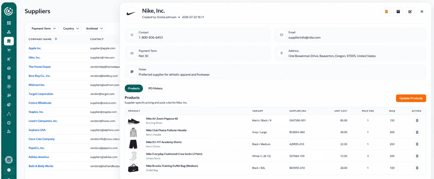 Supplier and Purchase Order history in Channel Bay