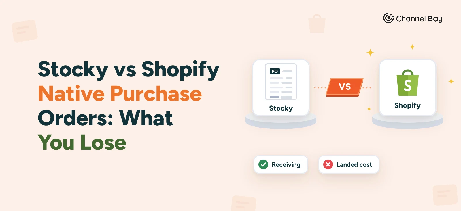 Stocky vs Shopify native purchase orders: a Stocky PO tile and a Shopify tile either side of a VS arrow, with receiving marked as kept and landed cost marked as lost